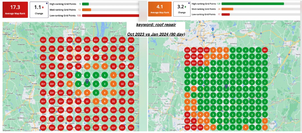 Local keyword heat map — before and after comparison showing ranking improvement